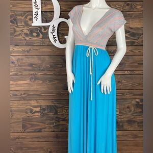 Lilac Clothing Plunge V-Neck Wrap Maxi Dress Stripe Pattern Tie Waist Colorblock